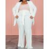 imageIyMoo Plus Size Suits for Women Business Open Front Long Sleeve Blazer Elastic Waist Solid Straight Leg Pant Set SuitsWhite