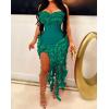 imageIyMoo Women Sexy Strapless Ruffle Bodycon Dress Solid Color Fringe Slim Party Cocktail Bandage DressesGreen