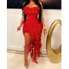 imageIyMoo Women Sexy Strapless Ruffle Bodycon Dress Solid Color Fringe Slim Party Cocktail Bandage DressesRed