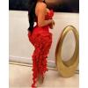 imageIyMoo Women Sexy Strapless Ruffle Bodycon Dress Solid Color Fringe Slim Party Cocktail Bandage DressesRed