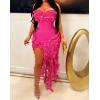 imageIyMoo Women Sexy Strapless Ruffle Bodycon Dress Solid Color Fringe Slim Party Cocktail Bandage DressesRose Red