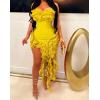 imageIyMoo Women Sexy Strapless Ruffle Bodycon Dress Solid Color Fringe Slim Party Cocktail Bandage DressesYellow