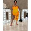 imageIyMoo Women Sexy Strapless Ruffle Bodycon Dress Solid Color Fringe Slim Party Cocktail Bandage DressesYellow