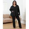 imageIyMoo Womens Plus Size Pants Suits Tracksuits 2 Piece Set Outfits Long Sleeve V Neck Slit Pullover Flare Leg LoungewearBlack