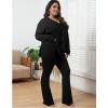 imageIyMoo Womens Plus Size Pants Suits Tracksuits 2 Piece Set Outfits Long Sleeve V Neck Slit Pullover Flare Leg LoungewearBlack