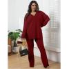 imageIyMoo Womens Plus Size Pants Suits Tracksuits 2 Piece Set Outfits Long Sleeve V Neck Slit Pullover Flare Leg LoungewearWine Red