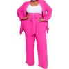 imageIyMoo Plus Size Suits for Women Business Open Front Long Sleeve Blazer Elastic Waist Solid Straight Leg Pant Set SuitsRose Red