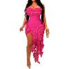 imageIyMoo Women Sexy Strapless Ruffle Bodycon Dress Solid Color Fringe Slim Party Cocktail Bandage DressesRose Red