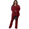 imageIyMoo Womens Plus Size Pants Suits Tracksuits 2 Piece Set Outfits Long Sleeve V Neck Slit Pullover Flare Leg LoungewearWine Red