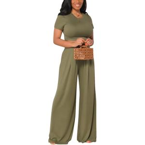 imageCasual 2 Piece Outfit for Women  Short Sleeve Crop Top  Wide Leg Palazzo Pants Set Jumpsuits Rompers Green M