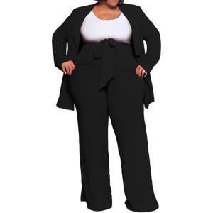 imageIyMoo Plus Size Suits for Women Business Open Front Long Sleeve Blazer Elastic Waist Solid Straight Leg Pant Set SuitsBlack