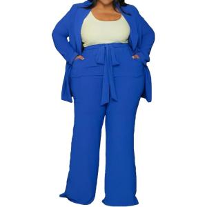 imageIyMoo Plus Size Suits for Women Business Open Front Long Sleeve Blazer Elastic Waist Solid Straight Leg Pant Set SuitsBlue