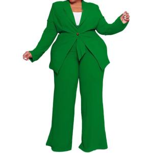 imageIyMoo Plus Size Suits for Women Business Open Front Long Sleeve Blazer Elastic Waist Solid Straight Leg Pant Set SuitsGreen