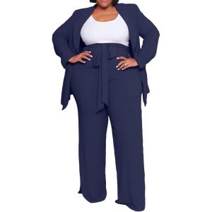 imageIyMoo Plus Size Suits for Women Business Open Front Long Sleeve Blazer Elastic Waist Solid Straight Leg Pant Set SuitsNavy Blue