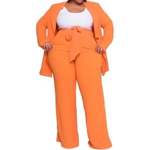 imageIyMoo Plus Size Suits for Women Business Open Front Long Sleeve Blazer Elastic Waist Solid Straight Leg Pant Set SuitsOrange