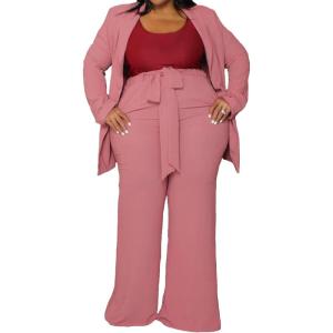 imageIyMoo Plus Size Suits for Women Business Open Front Long Sleeve Blazer Elastic Waist Solid Straight Leg Pant Set SuitsPink