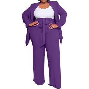 imageIyMoo Plus Size Suits for Women Business Open Front Long Sleeve Blazer Elastic Waist Solid Straight Leg Pant Set SuitsPurple