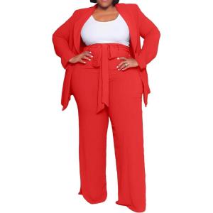 imageIyMoo Plus Size Suits for Women Business Open Front Long Sleeve Blazer Elastic Waist Solid Straight Leg Pant Set SuitsRed
