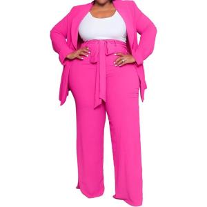 imageIyMoo Plus Size Suits for Women Business Open Front Long Sleeve Blazer Elastic Waist Solid Straight Leg Pant Set SuitsRose Red