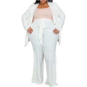 imageIyMoo Plus Size Suits for Women Business Open Front Long Sleeve Blazer Elastic Waist Solid Straight Leg Pant Set SuitsWhite