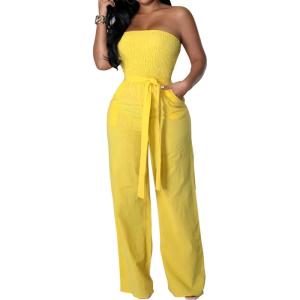 imageIyMoo Women Casual Solid Off Shoulder Smocked Drawstring Wide Leg Pants One Piece Jumpsuits Rompers Yellow XXLarge