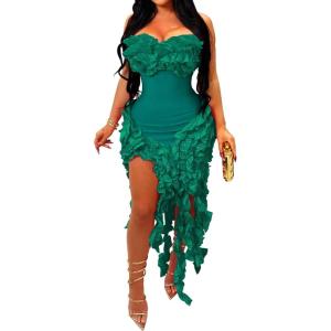 imageIyMoo Women Sexy Strapless Ruffle Bodycon Dress Solid Color Fringe Slim Party Cocktail Bandage DressesGreen