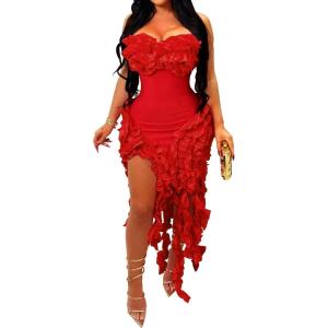 imageIyMoo Women Sexy Strapless Ruffle Bodycon Dress Solid Color Fringe Slim Party Cocktail Bandage DressesRed