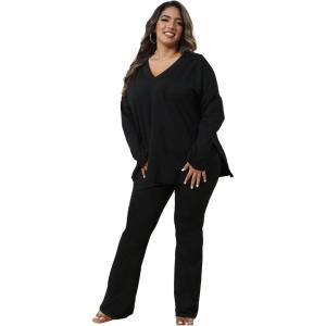 imageIyMoo Womens Plus Size Pants Suits Tracksuits 2 Piece Set Outfits Long Sleeve V Neck Slit Pullover Flare Leg LoungewearBlack