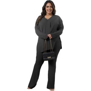 imageIyMoo Womens Plus Size Pants Suits Tracksuits 2 Piece Set Outfits Long Sleeve V Neck Slit Pullover Flare Leg LoungewearDark Gray