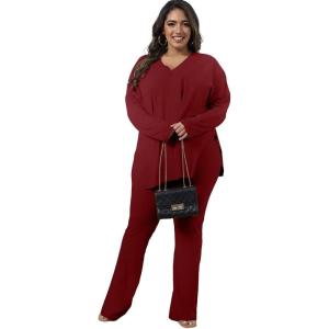 imageIyMoo Womens Plus Size Pants Suits Tracksuits 2 Piece Set Outfits Long Sleeve V Neck Slit Pullover Flare Leg LoungewearWine Red
