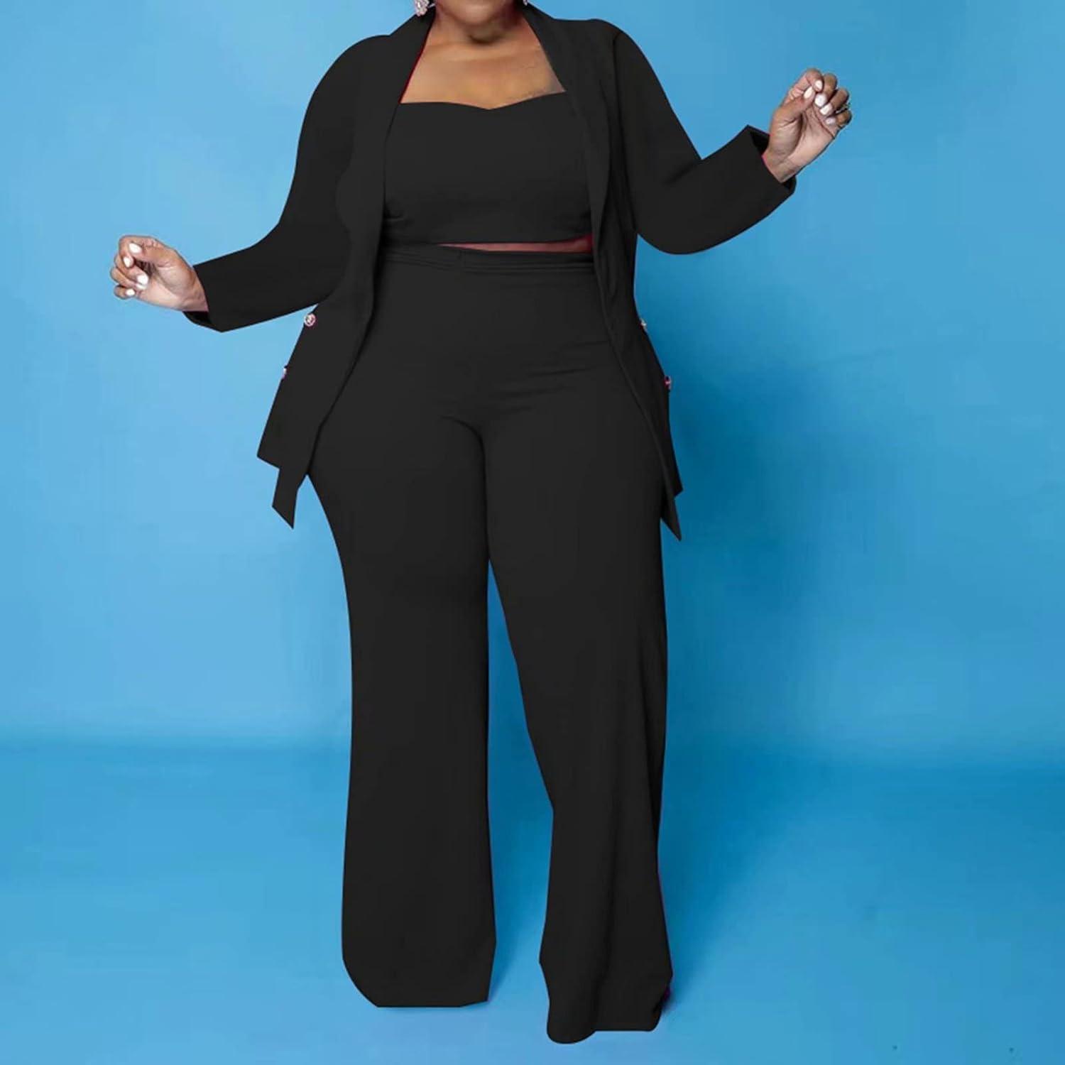 imageIyMoo Women Plus Size Pants Suits 3 Piece Set Long Sleeve Blazer Pants Suit Sets Dressy Business Casual Office Work OutfitsBlack