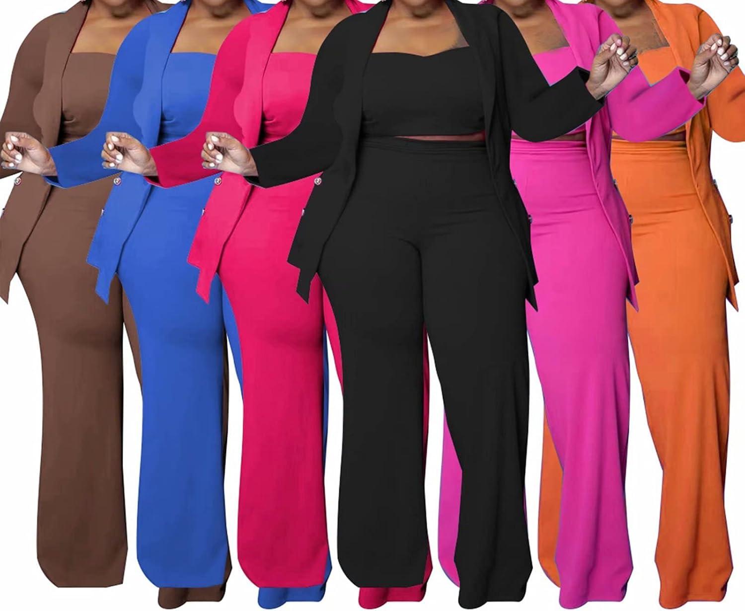 imageIyMoo Women Plus Size Pants Suits 3 Piece Set Long Sleeve Blazer Pants Suit Sets Dressy Business Casual Office Work OutfitsBrown