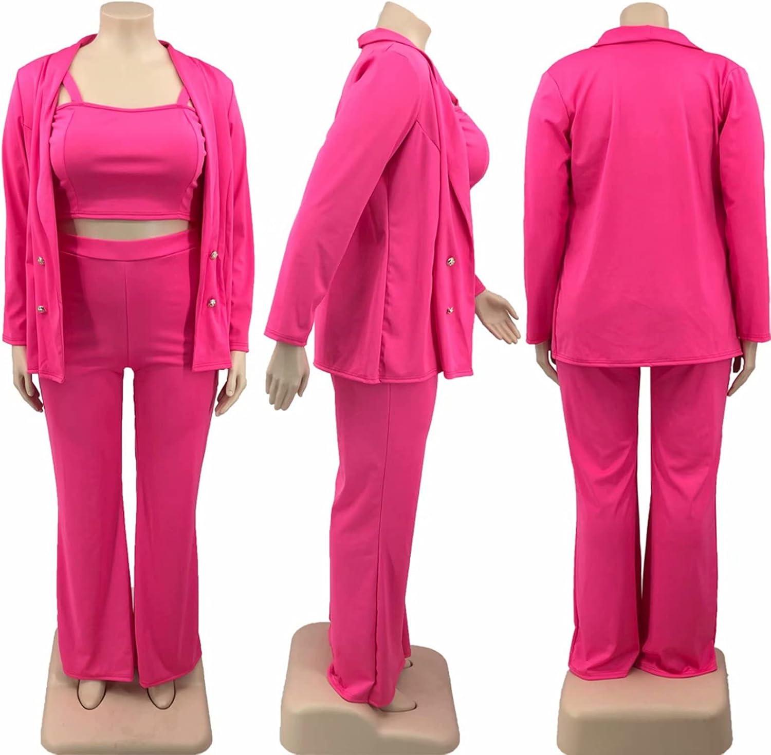 imageIyMoo Women Plus Size Pants Suits 3 Piece Set Long Sleeve Blazer Pants Suit Sets Dressy Business Casual Office Work OutfitsPink