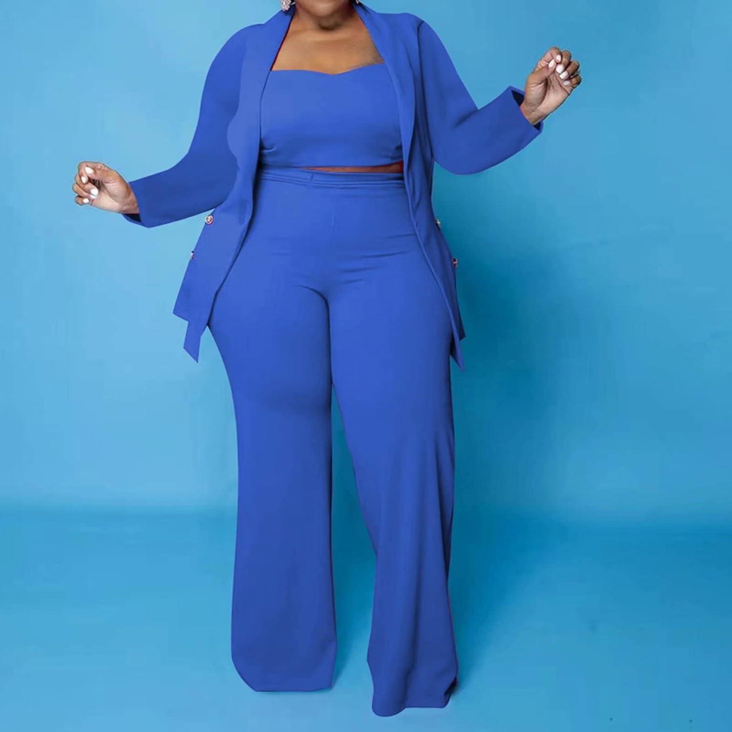 imageIyMoo Women Plus Size Pants Suits 3 Piece Set Long Sleeve Blazer Pants Suit Sets Dressy Business Casual Office Work OutfitsRoyal Blue