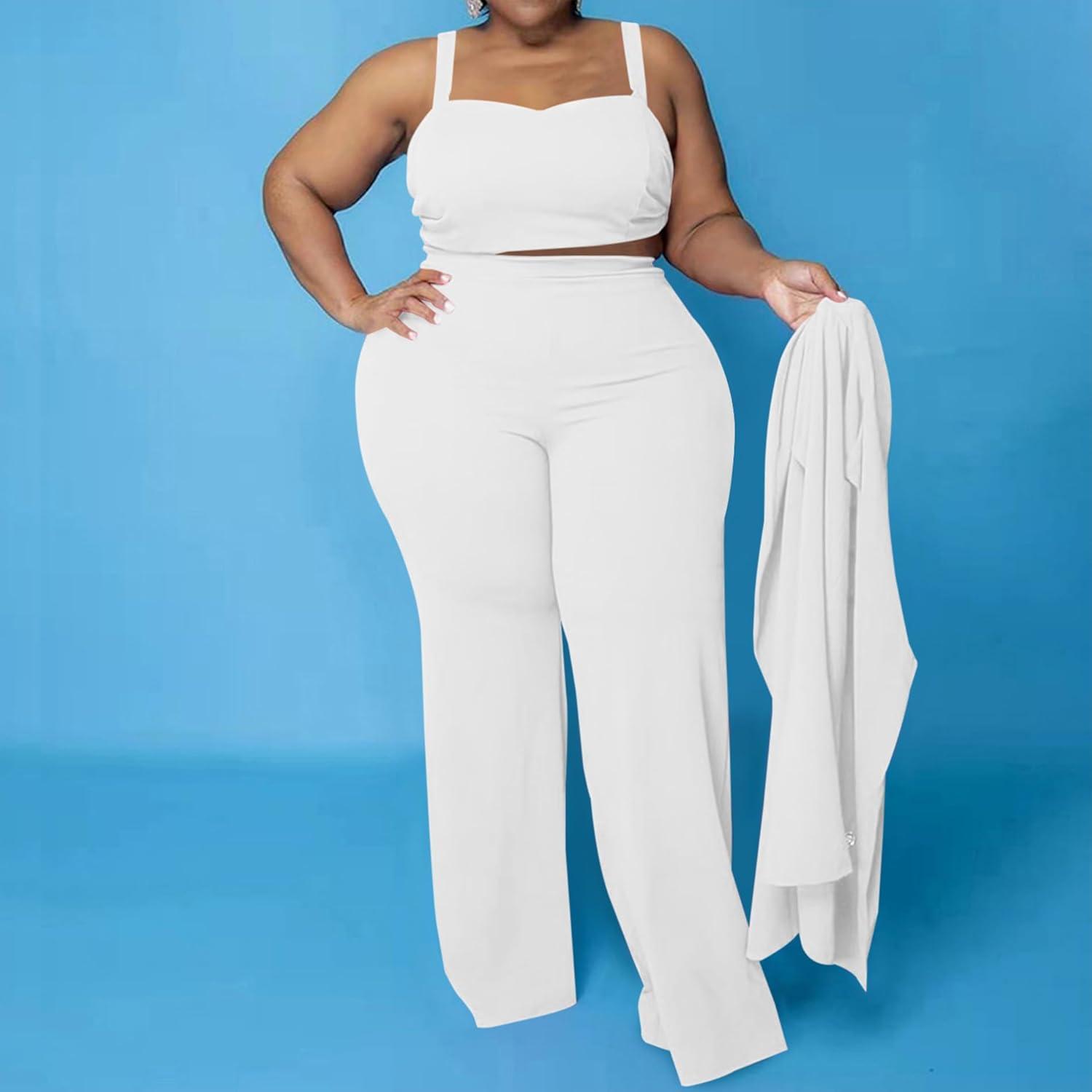 imageIyMoo Women Plus Size Pants Suits 3 Piece Set Long Sleeve Blazer Pants Suit Sets Dressy Business Casual Office Work OutfitsWhite