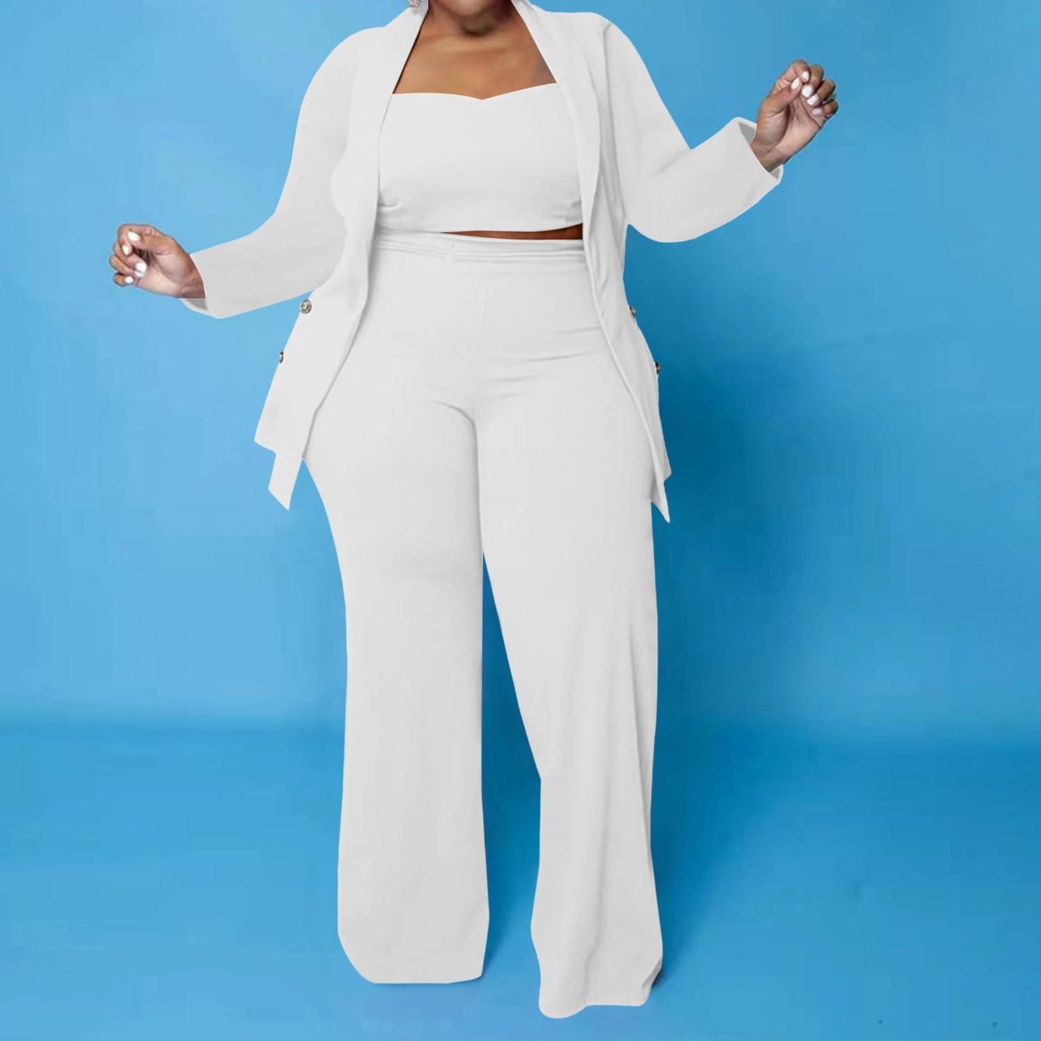 imageIyMoo Women Plus Size Pants Suits 3 Piece Set Long Sleeve Blazer Pants Suit Sets Dressy Business Casual Office Work OutfitsWhite