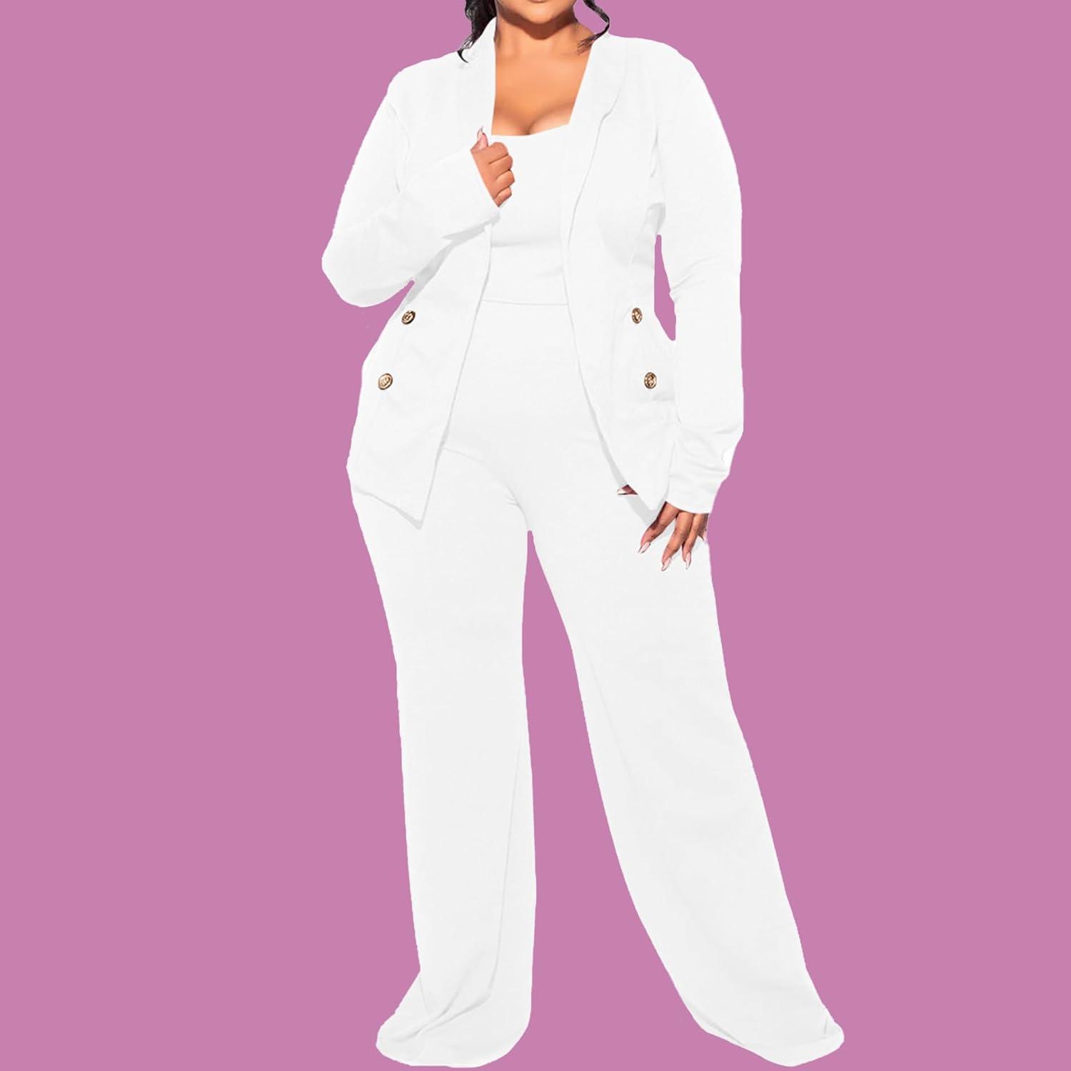 imageIyMoo Women Plus Size Pants Suits 3 Piece Set Long Sleeve Blazer Pants Suit Sets Dressy Business Casual Office Work OutfitsWhite