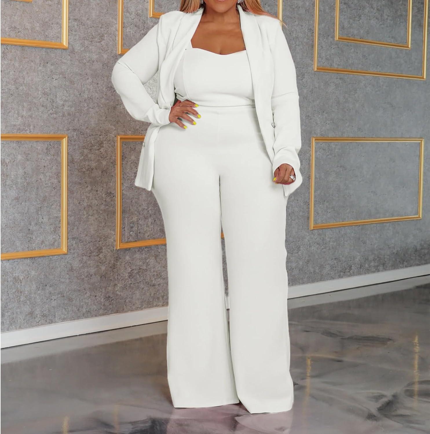imageIyMoo Women Plus Size Pants Suits 3 Piece Set Long Sleeve Blazer Pants Suit Sets Dressy Business Casual Office Work OutfitsWhite