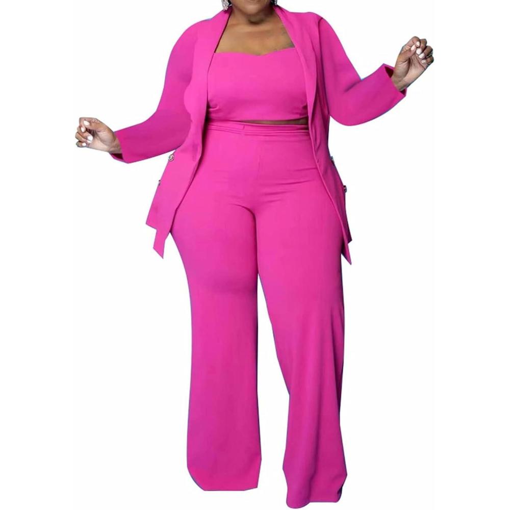 imageIyMoo Women Plus Size Pants Suits 3 Piece Set Long Sleeve Blazer Pants Suit Sets Dressy Business Casual Office Work OutfitsPink
