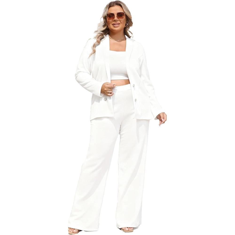 imageIyMoo Women Plus Size Pants Suits 3 Piece Set Long Sleeve Blazer Pants Suit Sets Dressy Business Casual Office Work OutfitsWhite
