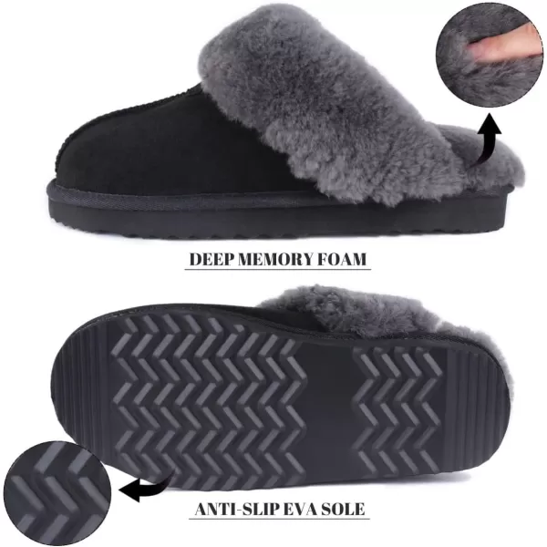 FANTURE Genuine Sheepskin Women Slippers Memory Foam Fluffy slippers Indoor Outdoor House Shoes with Warm Lining901blackgrey