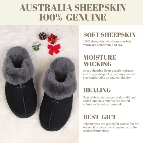 FANTURE Genuine Sheepskin Women Slippers Memory Foam Fluffy slippers Indoor Outdoor House Shoes with Warm Lining901blackgrey