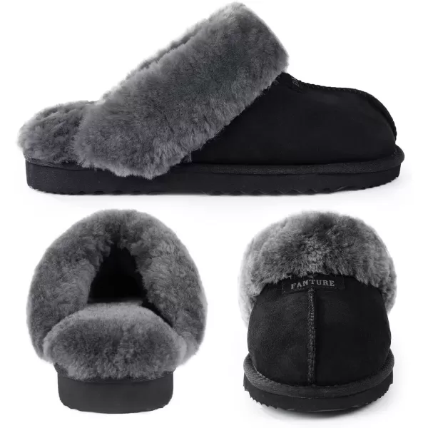 FANTURE Genuine Sheepskin Women Slippers Memory Foam Fluffy slippers Indoor Outdoor House Shoes with Warm Lining901blackgrey