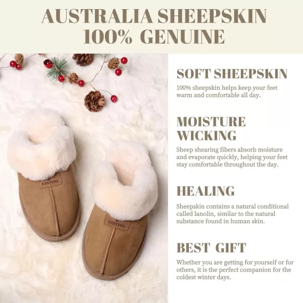 FANTURE Genuine Sheepskin Women Slippers Memory Foam Fluffy slippers Indoor Outdoor House Shoes with Warm Lining901chestnut