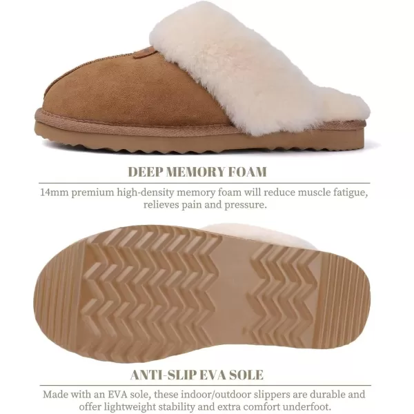 FANTURE Genuine Sheepskin Women Slippers Memory Foam Fluffy slippers Indoor Outdoor House Shoes with Warm Lining901chestnut