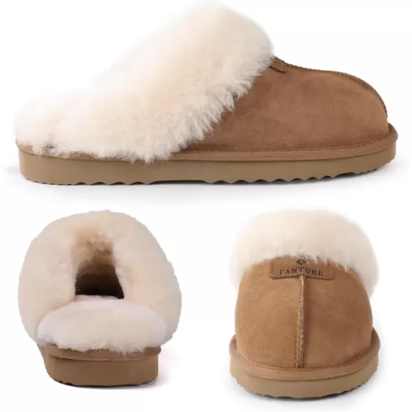 FANTURE Genuine Sheepskin Women Slippers Memory Foam Fluffy slippers Indoor Outdoor House Shoes with Warm Lining901chestnut