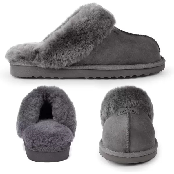 FANTURE Genuine Sheepskin Women Slippers Memory Foam Fluffy slippers Indoor Outdoor House Shoes with Warm Lining901grey