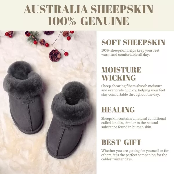 FANTURE Genuine Sheepskin Women Slippers Memory Foam Fluffy slippers Indoor Outdoor House Shoes with Warm Lining901grey