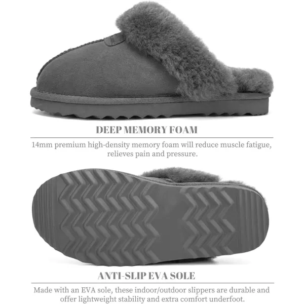 FANTURE Genuine Sheepskin Women Slippers Memory Foam Fluffy slippers Indoor Outdoor House Shoes with Warm Lining901grey