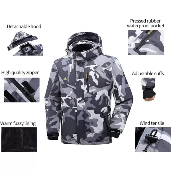 FANTURE Mens Mountain Waterproof Ski Jacket Windproof Rain JacketBlack Camo